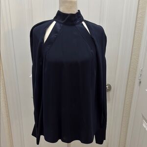 Cinq a Sept Blue and White Long Sleeve Blouse with Relaxed Cut Out Design